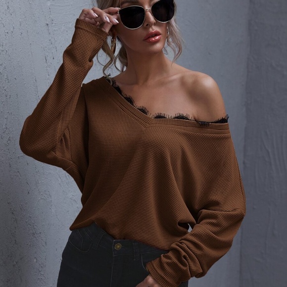 Tops - eyelash lace detail off shoulder waffle top brown